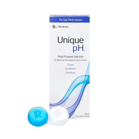 The Menicon Unique pH Multipurpose Solution for Gas Permeable Contact Lenses (4 fl oz) and a lens case with one blue and one white lid are displayed. The box is white with blue accents.