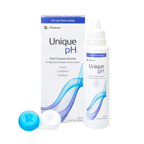 Menicons Unique pH Multipurpose Solution for Gas Permeable Contact Lenses (4 fl oz/120ml) is displayed in a white box with blue accents, enhancing lens comfort. A matching blue and white contact lens case is placed beside it.