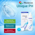 The image features Menicons Unique pH Multipurpose Solution for Gas Permeable Contact Lenses (4 fl oz/120ml) with a bottle and box, highlighting comfort by cleaning dirt, adjusting tear pH, and killing germs. A backdrop of water splashes and a contact lens case is also included.