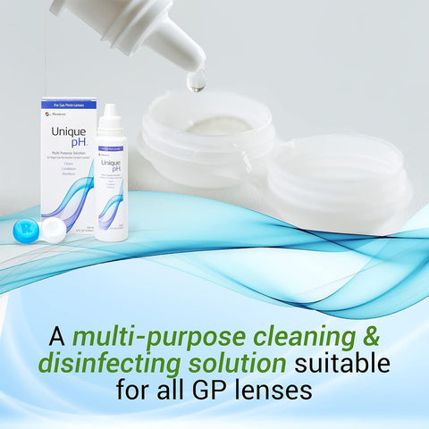A 4 fl oz bottle of Menicons Unique pH Multipurpose Solution for enhanced comfort with a dropper above a contact lens case. Packaging in the background shows blue and green waves with text: Multi-purpose cleaning & disinfecting solution for all gas permeable lenses.