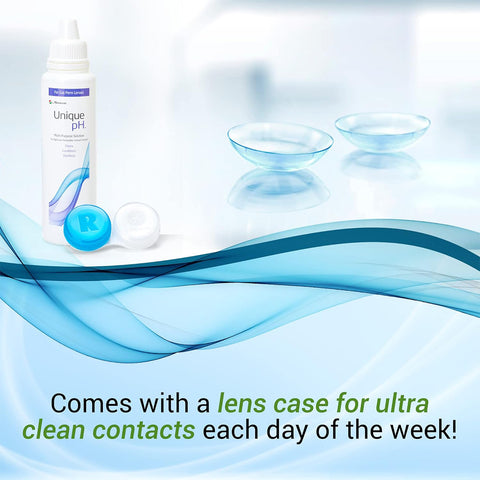 Displayed is a 4 fl oz bottle of Menicons Unique pH Multipurpose Solution for Gas Permeable Contact Lenses, accompanied by an open lens case marked R and two lenses. The background showcases a blue wave design with text highlighting enhanced comfort and an ultra-clean lens case for daily use.