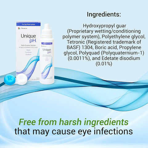 Displayed with a lens case, the Menicon Unique pH Multipurpose Solution for Gas Permeable Contact Lenses highlights comfort and gentle ingredients. Ingredients appear to the right amidst blue and green waves, ensuring a soothing experience while reducing infection risk.