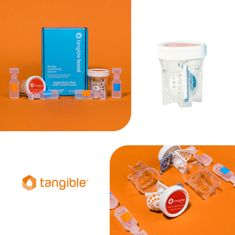 A set of Tangible Boost 2-Pack supplies, designed for maintaining Tangible Hydra-PEG coated lenses, is displayed on an orange background. Three images feature the blue box, a clear lens case with a white cap, and various components meticulously arranged.