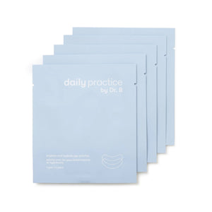 Five packets of Daily Practice Brighten & Hydrate Eye Patches are displayed in a row. The packaging claims these under-eye masks will instantly refresh, rejuvenate, reduce puffiness, and brighten the under-eye area.