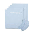 Light blue packaging of Daily Practice Brighten & Hydrate Eye Patches, with text. Five unopened pouches and two crescent-shaped patches by Daily Practice to reduce puffiness placed alongside.