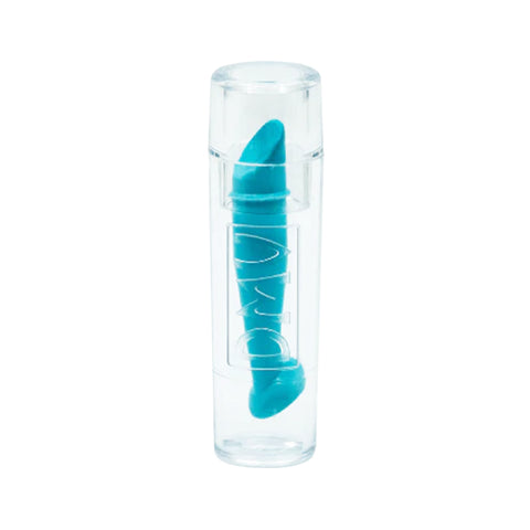 A small blue earplug-like device from DMV, designed as a contact lens remover for RGP or Scleral lenses, sits elegantly in a transparent cylindrical container reminiscent of rigid gas permeable lens cases.
