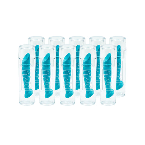 Ten transparent plastic containers, each with a clear lid and containing a teal DMV 45 Contact Lens Remover for RGP or Scleral, are neatly arranged in rows against a pristine white background.