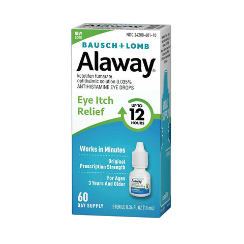 Image of Bausch + Lomb Alaway Antihistamine Allergy Eye Drops 10mL box, offering fast itchy eye relief and long-lasting comfort. The packaging highlights 12-hour effectiveness, suitable for ages 3+, with a 60-day supply containing 0.34 fl oz.
