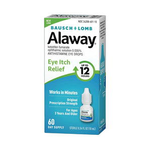 Image of Bausch + Lomb Alaway Antihistamine Allergy Eye Drops 10mL box, offering fast itchy eye relief and long-lasting comfort. The packaging highlights 12-hour effectiveness, suitable for ages 3+, with a 60-day supply containing 0.34 fl oz.