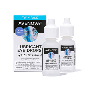 Two 15ml bottles of NovaBay Avenova Lubricant Eye Drops sit in front of their Twin Pack packaging, which boasts 50% more content, providing high performance and dry eye relief.