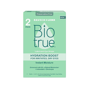 Biotrue Hydration Boost Eye Drops by Bausch + Lomb offer soothing, preservative-free hydration for dry, irritated eyes. The pack includes two 10 mL bottles (over 600 drops), featuring HA with antioxidants and electrolytes, suitable for soft contact lens users in green packaging.