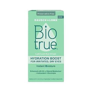 A green box of Biotrue Hydration Boost Eye Drops by Bausch + Lomb, preservative-free and suitable for soft contact lenses, featuring HA, antioxidants, and electrolytes for instant moisture on dry, irritated eyes.