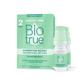 The image features the Bausch + Lomb Biotrue Hydration Boost Eye Drops package for dry eyes. The green and white box reads Preservative Free and Hydration Boost for Irritated, Dry Eyes, with two 10 mL bottles (600+ drops), compatible with soft contact lenses, prominently displayed in front.
