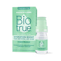 The image shows Bausch + Lombs Biotrue Hydration Boost Eye Drops packaging and bottle. The green box highlights Hydration Boost for Irritated, Dry Eyes with moisturizing and antioxidant benefits from naturally inspired ingredients. The clear bottle has a green cap.