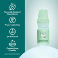 The image shows a bottle of Bausch + Lomb Biotrue Hydration Boost Eye Drops (10 mL) with a green cap, highlighting its naturally inspired ingredients, preservative-free formula, pH balance, and compatibility with soft contact lenses.