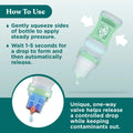 Bausch + Lomb Biotrue Hydration Boost Eye Drops feature a unique one-way valve. Instructional image shows: Squeeze to apply pressure, wait 1-5 seconds for a drop, then release. This method helps dispense controlled drops for dry eyes and prevents contamination.