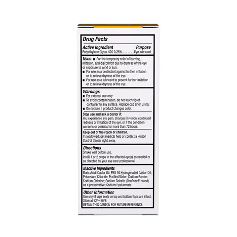 The image shows the back of a Blink Triple Care 3 in 1 Eye Drops box by Bausch + Lomb, featuring a Drug Facts label with active ingredients. Its intended for eye lubrication and hydration for dry eyes, including warnings, directions, inactive components, storage instructions, and manufacturer contact info.