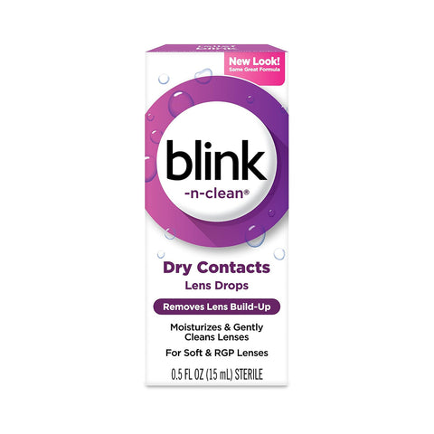 The Blink-N-Clean Lens Drops (15ml) by Bausch + Lomb comes in a white rectangular box. It provides relief for dry eyes, cleaning and moisturizing both soft and RGP lenses with its trusted formula, now in a new look.