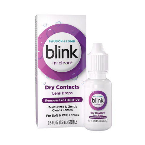 The Bausch + Lomb Blink-N-Clean Lens Drops (15ml) bottle sits beside its packaging, labeled for dry eyes and contacts. It removes lens build-up while moisturizing lenses with a soothing 0.5 fl oz solution.