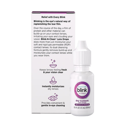 The Bausch + Lomb Blink-N-Clean Lens Drops (15ml) come in a white bottle with a purple cap and label, ideal for moisturizing dry eyes and gently cleaning lenses.