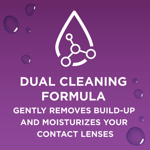 Purple image with text: Blink-N-Clean Lens Drops by Bausch + Lomb - Dual formula gently removes build-up and moisturizes lenses, ideal for dry eyes. White icon of a water droplet with a molecule and scattered droplets around the text.