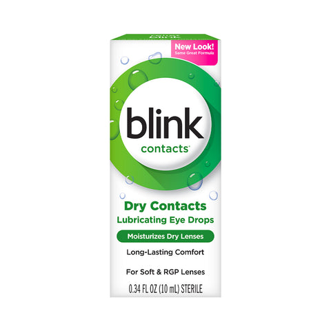 The image displays a box of Blink Contacts Lubricating Eye Drops (10 ml) by Bausch + Lomb, designed for contact lens users. The white packaging with green accents highlights Moisturize Dry Lenses and offers Long-Lasting Comfort for both soft and RGP lenses.