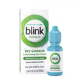 The Bausch + Lomb Blink Contacts Lubricating Eye Drops (10ml) offers moisturizing, long-lasting comfort for soft and RGP lenses with a blue bottle featuring a user-friendly dispenser cap.