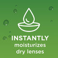 Set against a green backdrop, a white drop outline adorns the lens, surrounded by water droplets. Text reads: Instantly moisturizes dry lenses. Ideal for contact lens wearers using Blink Contacts Lubricating Eye Drops (10ml) from Bausch + Lomb.