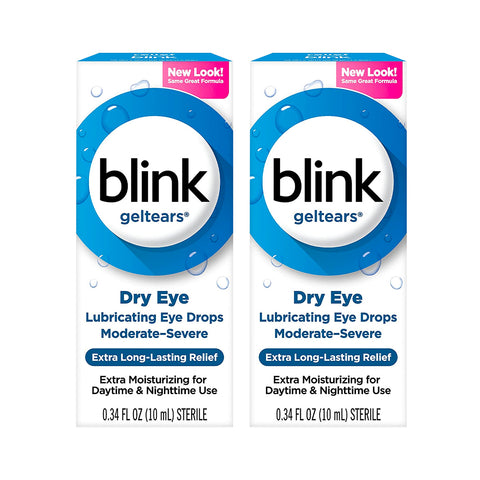The Bausch + Lomb Blink Gel Tears Lubricating Eye Drops 2-Pack (2 x 10ml) offers relief for moderate-severe dry eyes with long-lasting, moisturizing formula in new packaging, suitable for day and night.