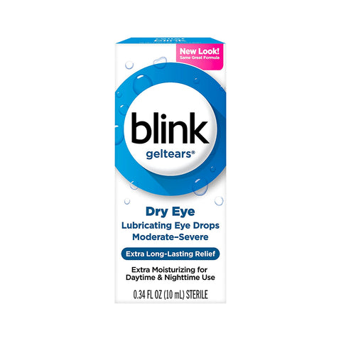 The Blink Gel Tears Lubricating Eye Drops from Bausch + Lomb come in a predominantly white box with a blue circular design, providing Dry Eye relief for moderate to severe conditions using Polyethylene Glycol 400, ensuring extra long-lasting comfort in a 10ml bottle.