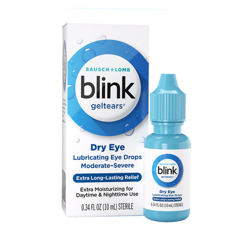 The Bausch + Lomb Blink Gel Tears Lubricating Eye Drops, in a teal 10ml bottle with matching cap, contain Polyethylene Glycol 400 for dry eyes and offer extra long-lasting relief and moisturizing for both day and night use.