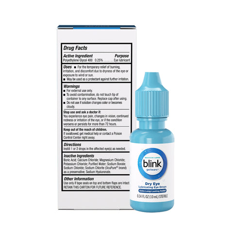 A 10ml blue bottle of Blink Gel Tears Lubricating Eye Drops by Bausch + Lomb, containing Polyethylene Glycol 400, is displayed with its white box that lists drug facts, active ingredients, and warnings.