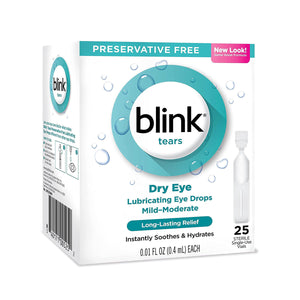 Experience soothing relief with Bausch + Lombs Blink Tears Preservative Free Lubricating Eye Drops. These eye drops, designed for mild to moderate dry eye symptoms, offer long-lasting comfort and hydration in 25 single-use vials featuring a blue water droplet design.