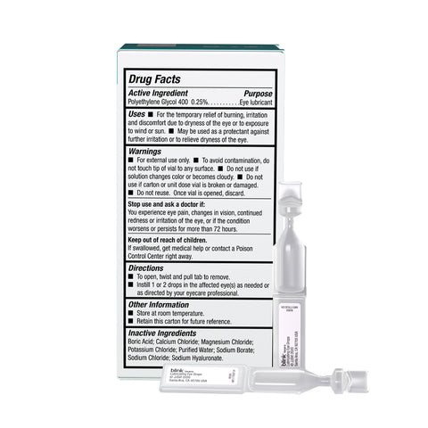 Image showing a Blink Tears Preservative Free Lubricating Eye Drops 50ct Vials (2 x 25) 2-pack by Bausch + Lomb, with two packets. The preservative-free formula ensures gentle care, and the box includes detailed drug facts, active/inactive ingredients, uses, warnings, and directions.