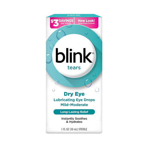 Box of Bausch + Lomb Blink Tears Lubricating Eye Drops provides relief for dry eyes, offering long-lasting soothing and hydration. Prominently teal and white, it includes a $3 savings note.
