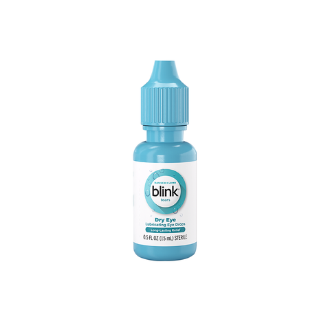A 0.5 fl oz (15 mL) bottle of Blink Tears Lubricating Eye Drops by Bausch + Lomb with a blue cap and label, designed to provide long-lasting relief for dry eyes while soothing and moisturizing.
