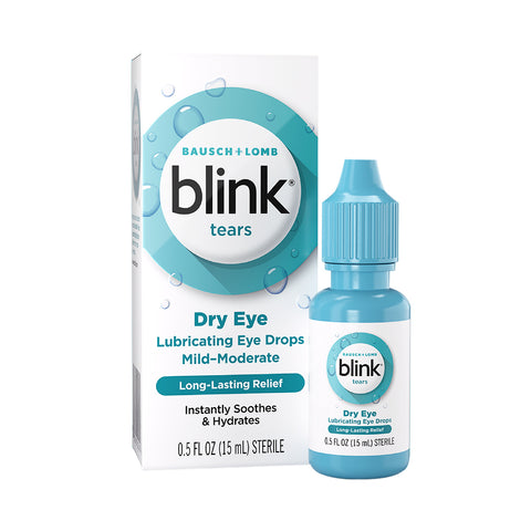 The image features a Bausch + Lomb Blink Tears product in a white and teal box labeled Dry Eye Lubricating Eye Drops Mild-Moderate. It promises Long-Lasting Relief and Instantly Soothes & Hydrates dry eyes, with a bottle prominently displayed in front.