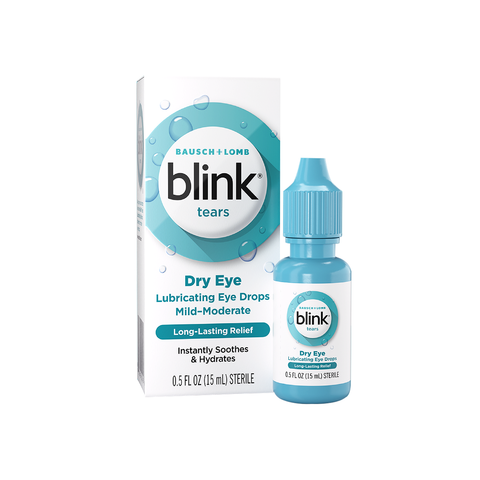Image of Bausch + Lombs Blink Tears Lubricating Eye Drops (0.5 fl oz/15 mL) bottle and packaging, both blue, offering relief for mild to moderate dry eyes with long-lasting hydration.