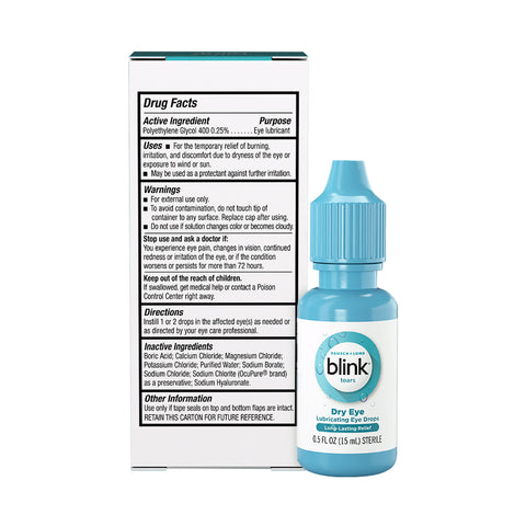 A bottle of Bausch + Lombs Blink Tears Lubricating Eye Drops is displayed before its packaging, highlighting drug facts and ingredients. The label identifies it as an eye lubricant for dry eyes.