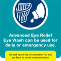 Illustration of an eye wash bottle with drops, featuring text: Advanced Eye Relief Eye Wash by Bausch & Lomb offers fast relief for sensitive eyes. Ideal for daily or emergency use. Avoid touching the tip to surfaces to prevent contamination.
