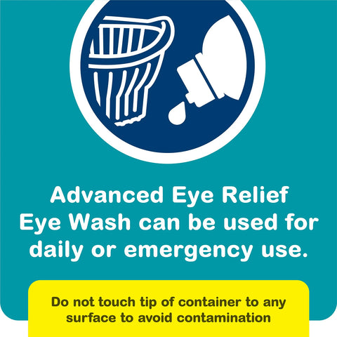 Illustration of an eye wash bottle with drops, featuring text: Advanced Eye Relief Eye Wash by Bausch & Lomb offers fast relief for sensitive eyes. Ideal for daily or emergency use. Avoid touching the tip to surfaces to prevent contamination.