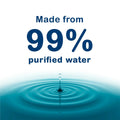 Text on image reads: Advanced Eye Relief Eye Wash by Bausch + Lomb, made from 99% purified water for sensitive eyes. A water droplet creates ripples on a blue water surface, offering gentle eye irritation relief. Background is white.