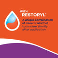 The orange and purple graphic shows a stylized water droplet with red and blue halves, with text: With Restoryl mineral oils. A unique combo of Soothe XP elements that turns clear after application. Ideal for dry eye relief. Try Bausch + Lomb Soothe XP Lubricant Eye Drops, Xtra Protection Formula (15 ml).