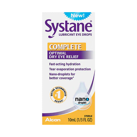 The Systane Complete Lubricant Eye Drops by Alcon provide fast and long-lasting dry eye relief. Featuring nano-droplet technology for enhanced coverage and tear evaporation protection, it comes in a 10mL (1/3 FL OZ) bottle.