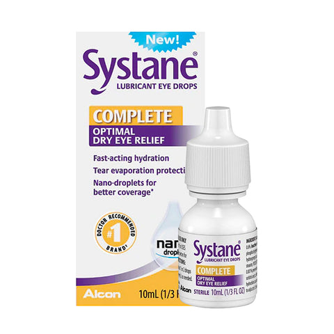 Image of a Systane Complete box and 10ml bottle by Alcon, highlighting Complete Optimal Dry Eye Relief. The packaging promotes fast-acting hydration with advanced relief and long-lasting comfort using Alcon’s Nano-Droplet Technology.