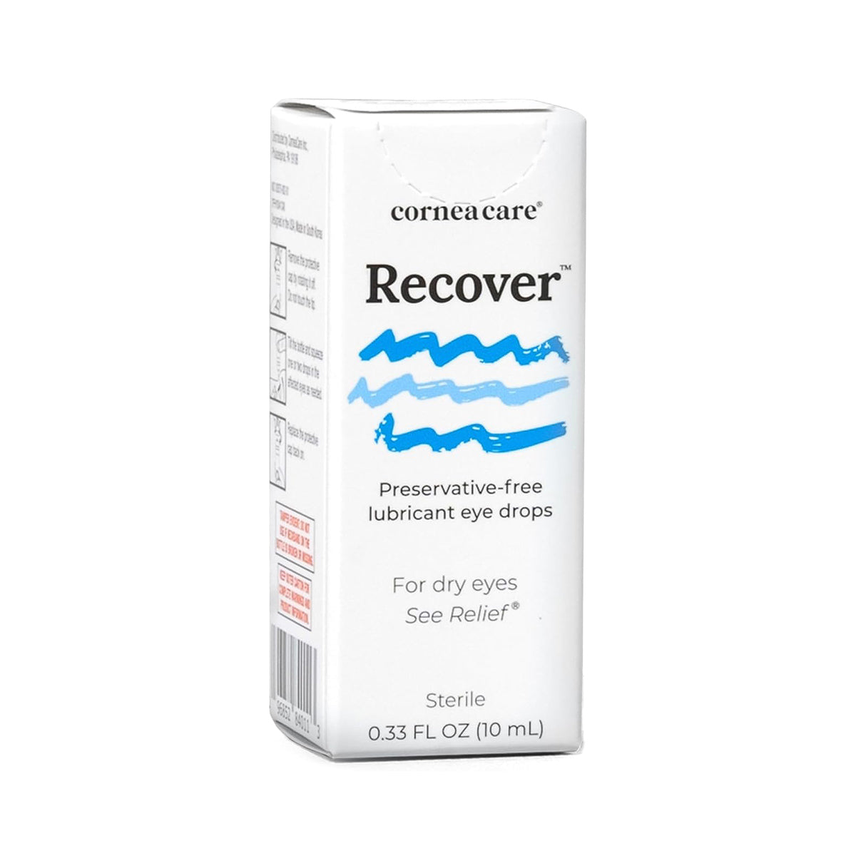 A white box labeled Cornea Care Recover features blue wave graphics and promotes its benefits: preservative-free artificial tears for dry eyes, promising See Relief, with essential cornea care, containing soothing eye drops in a 10 mL multi-dose bottle from CorneaCare.