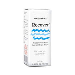 A white box labeled Cornea Care Recover features blue wave graphics and promotes its benefits: preservative-free artificial tears for dry eyes, promising See Relief, with essential cornea care, containing soothing eye drops in a 10 mL multi-dose bottle from CorneaCare.