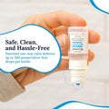 A hand holds a CorneaCare Recover bottle vertically, with a drop at the tip. Safe, Clean, and Hassle-Free text touts the patented one-way valve delivering up to 300 preservative-free doses per 10mL bottle. Ideal for effectively and gently soothing dry, irritated eyes.