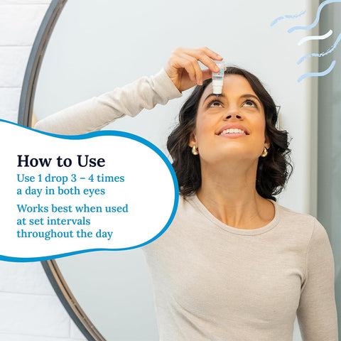 A woman uses CorneaCares Recover Preservative-Free Artificial Tears on her right eye, smiling in a long-sleeve shirt. The text suggests using one drop 3–4 times daily in both eyes for optimal relief, even for the driest eyes.