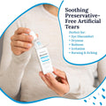 A person in a light sweater holds CorneaCares 10mL multi-dose bottle of Recover Preservative-Free Artificial Tears, offering advanced hydration and soothing relief for eye discomfort, dryness, redness, irritation, burning, and itching—perfect for dry eyes.
